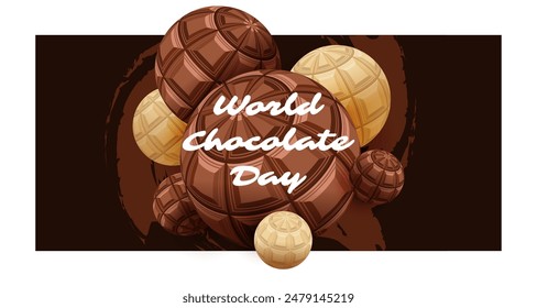 Happy Chocolate Day text design, dark and white chocolate ball composition, landscape background