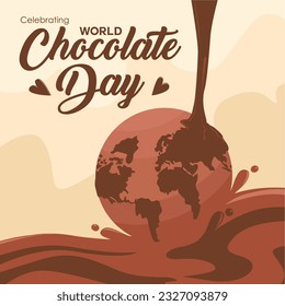 Happy chocolate day vector. Design with melting chocolate world and splash