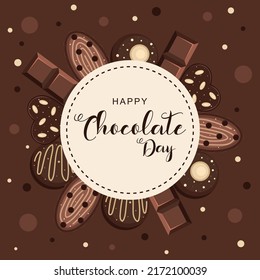 Happy chocolate day. World Chocolate Day. The inscription, chocolates and cookies in a circle. Vector illustration.