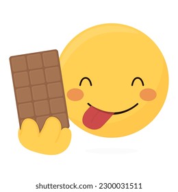 Happy chocolate day.
Yummy smile emoji with tongue out licking mouth and smiling eyes.
Vector illustration of emoticon face icon with a big chocolate in his hand. Delicious tasty food symbol
