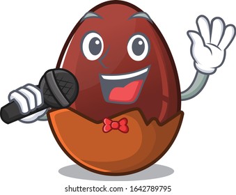 Happy chocolate egg singing on a microphone