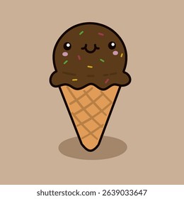Happy Chocolate Ice Cream Cone with Colorful Toppings – Vector Illustration