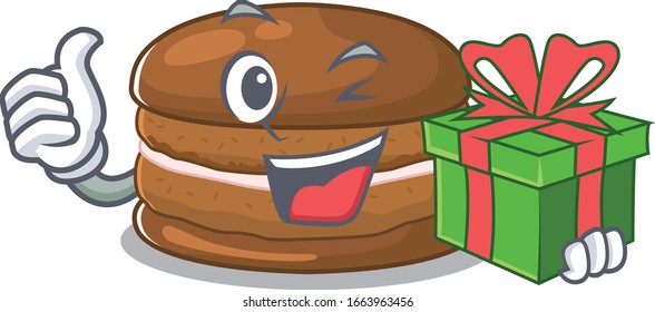 Personaje de chocolate feliz con una caja de regalo