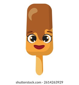 Happy chocolate popsicle with big smiling eyes and shiny texture, isolated on white background, perfect for kids food designs, emotional character sets and playful illustrations