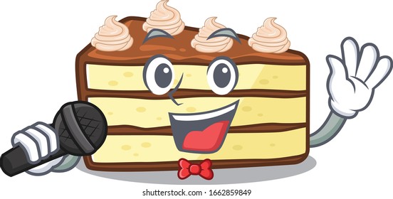 Happy chocolate slice cake singing on a microphone