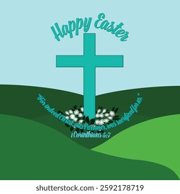 Happy Christian Easter poster with blue letters and blue Jesus Christ cross