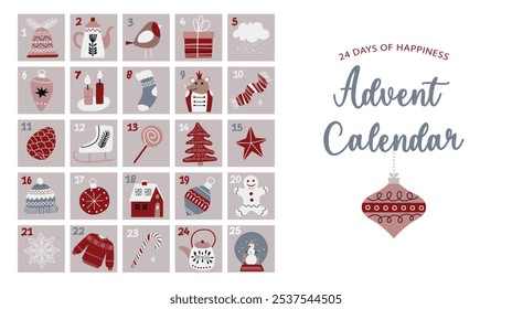 Calendário feliz do advento do Natal com símbolos de Natal diferentes para o seu design. Ilustração vetorial.