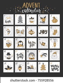 Happy Christmas advent calendar with different christmas symbols for your design. Vector illustration.