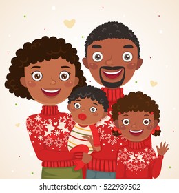 Happy Christmas African American family look, mother, father, daughter, baby boy, photo session.