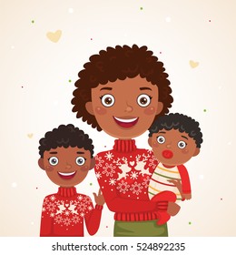 Happy Christmas African American family look, mother with kids, mom, son, baby boy, photo session.