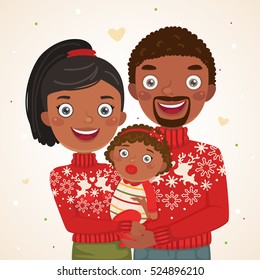 Happy Christmas African American family look, mother, father, baby girl, photo session.
