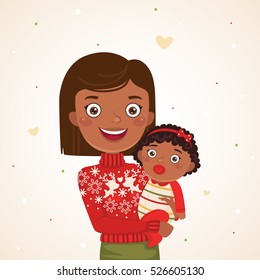Happy Christmas African american family, mother with baby girl, photo session.
