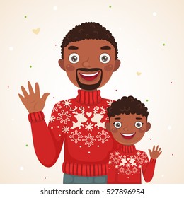 Happy Christmas African american family, father and son, photo session.