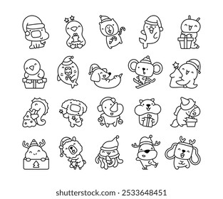 Happy Christmas animals. Coloring Page. Holiday cartoon character. Hand drawn style. Vector drawing. Collection of design elements.