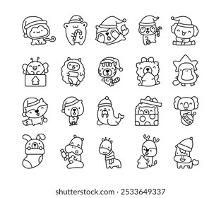 Happy Christmas animals. Coloring Page. Holiday cartoon character. Hand drawn style. Vector drawing. Collection of design elements.