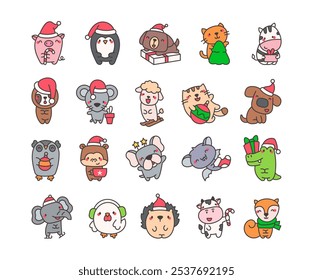 Happy Christmas animals. Holiday cartoon character. Hand drawn style. Vector drawing. Collection of design elements.