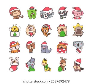 Felizes animais de Natal. Personagem de desenho animado de férias. Estilo desenhado à mão. Desenho vetorial. Coleção de elementos de design.