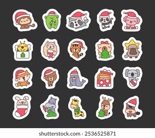 Happy Christmas animals. Sticker Bookmark. Holiday cartoon character. Hand drawn style. Vector drawing. Collection of design elements.