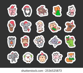 Happy Christmas animals. Sticker Bookmark. Holiday cartoon character. Hand drawn style. Vector drawing. Collection of design elements.