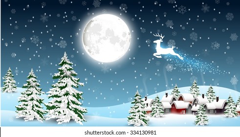 Happy Christmas background with deer jumping. vector