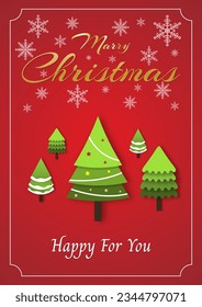 Happy Christmas Background Vertical Card golden letters top with snowflake Green trees in the middle, white letters below and white frames around the red gradient background.