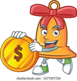 happy christmas bell cartoon character with gold coin