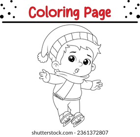 Happy Christmas Boy coloring page for kids. Black and white illustration for coloring book.