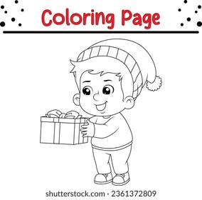 Happy Christmas Boy coloring page for kids. Black and white illustration for coloring book.