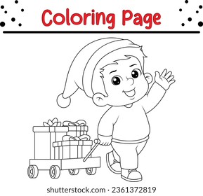 Happy Christmas Boy coloring page for kids. Black and white illustration for coloring book.