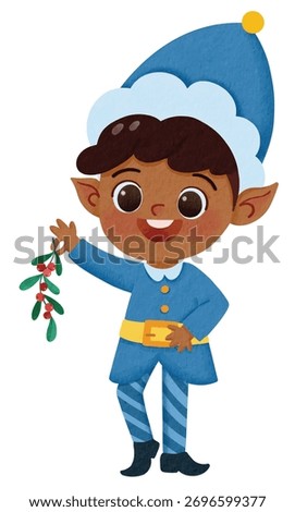 Happy christmas boy elf. Santa xmas helpers with mistletoe decorations. Winter holiday dwarf creatures in costume and hat vector set