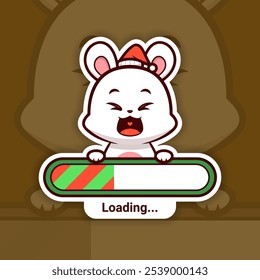 Happy Christmas Bunny Holding a Loading Bar, Cute Vector Sticker Design, holidays are coming