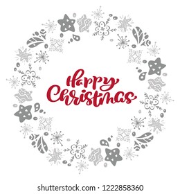Happy Christmas Calligraphy vector text in wreath xmas elements star frame. Lettering design in scandinavian style. Creative typography for Holiday Greeting Gift Poster.