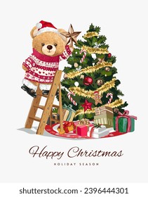 happy christmas card with cute bear doll decorating christmas tree vector illustration