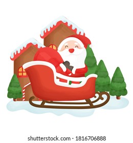 Happy Christmas card with cute Santa clause  in the snow town..