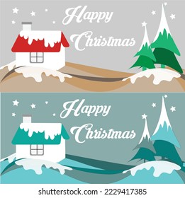 Happy Christmas Card Vector Design, Snow, House, Trees, Stars with Blue and Red, Greeting Card