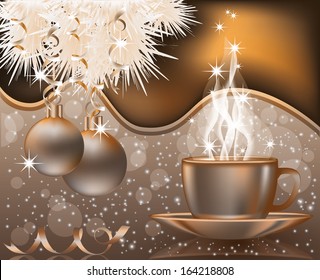 Happy Christmas card with Xmas balls and coffee cap, vector illustration