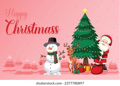 Happy Christmas cartoon characters on snowy pink background