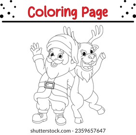 Happy Christmas cartoon Coloring page for children. Christmas Vector black and white, winter coloring book.