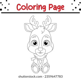Happy Christmas cartoon Deer Coloring page for children. Christmas Vector black and white, winter coloring book.