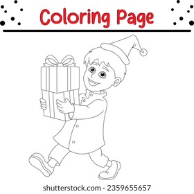 Happy Christmas cartoon kid holding gift  Coloring page for children. Christmas Vector black and white winter coloring book.