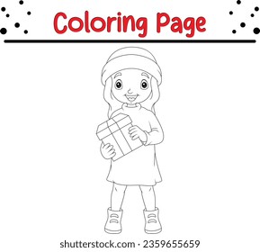 Happy Christmas cartoon kid holding gift  Coloring page for children. Christmas Vector black and white winter coloring book.