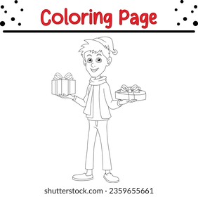 Happy Christmas cartoon kid holding gift  Coloring page for children. Christmas Vector black and white winter coloring book.