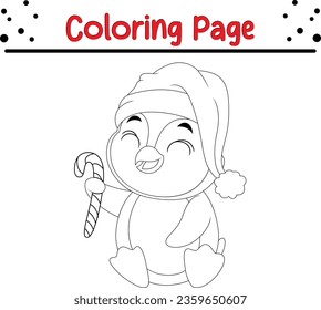 Happy Christmas cartoon penguin Coloring page for children  Christmas Vector black   white  winter coloring book 