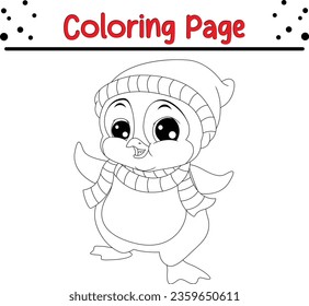Happy Christmas cartoon penguin Coloring page for children  Christmas Vector black   white  winter coloring book 