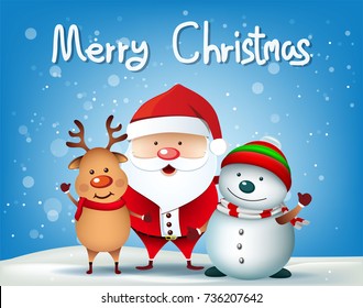 Happy Christmas Characters as Snowman, Santa Claus and Reindeer on winter background.
