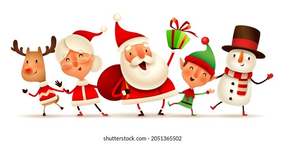 Happy Christmas companions. Christmas character - Santa Claus, Mrs.Claus, Snowman, Reindeer and Elf on white background. Isolated.