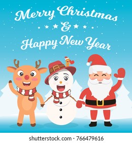 Happy Christmas companions. Santa Claus, Snowman, Reindeer and Gingerbread man. Merry Christmas!