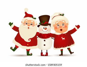 Happy Christmas companions. Vector cartoon character of Santa Claus, funny snowman and his wife isolated. Christmas family celebrate winter holidays. Cute, funny Santa Claus with Mrs. Claus greeting.