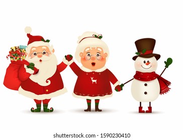 Happy Christmas companions. Vector cartoon character of Santa Claus, funny snowman and his wife isolated. Christmas family celebrate winter holidays. Cute, funny Santa Claus with Mrs. Claus greeting.