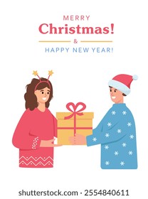 Happy Christmas concept. Happy man giving gift to young woman. Girlfriend and boyfriend in love. Happy holiday congratulations, greeting card or poster. Vector illustration on white background.